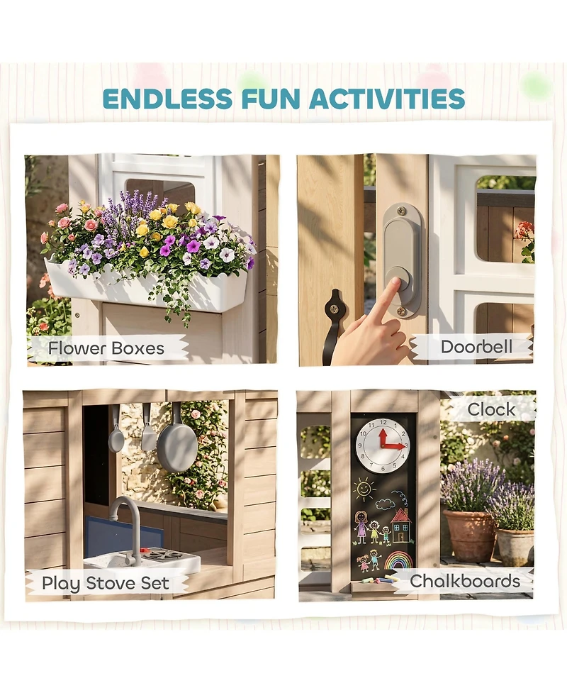 Qaba Outdoor Playhouse, Wooden Kids Playhouse with Dog Door, Cookware, Bell