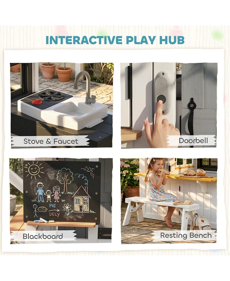 Qaba Outdoor Playhouse, Wooden Kids Playhouse with Dog Door for Garden