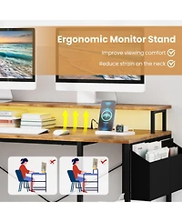 Sugift L-Shaped Gaming Desk with Led Lights and Power Outlets-Rustic Brown