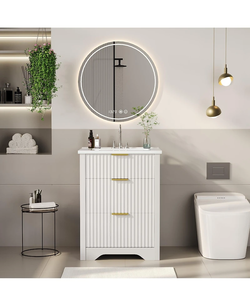 homfan Fluted Bathroom Vanity with Sink, Farmhouse Freestanding Cabinet 2 Drawers and Flip Down Drawer, Easy Assembly