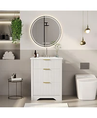 homfan Fluted Bathroom Vanity with Sink, Farmhouse Freestanding Cabinet 2 Drawers and Flip Down Drawer, Easy Assembly