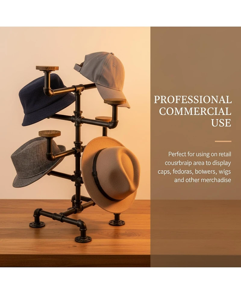 Yigii Hat Display Stand 8 Rustic Burnt Wood Hooks Metal Pipe Countertop for Hats Wigs