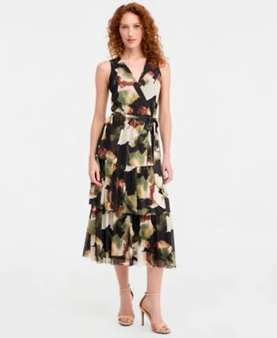 Anne Klein Womens Faux Wrap Tiered Dress