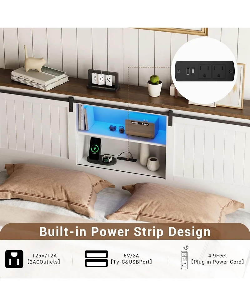 gaomon Farmhouse Bed Frame with Led Lights and Charging Station