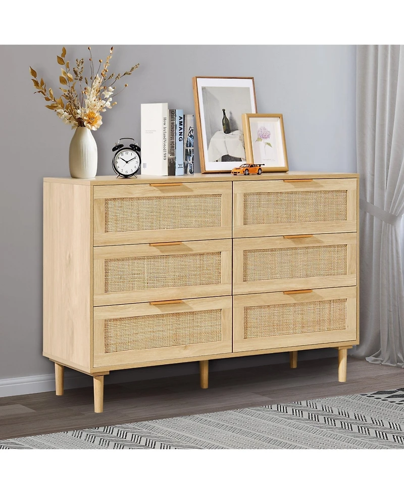 Gouun 6 Drawer Rattan Dresser with Spacious Storage for Bedroom and Hallway