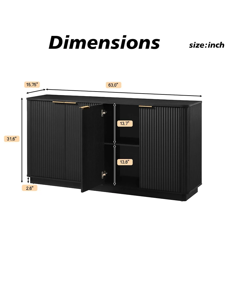 Rainsken Vertical Stripe Sideboard Buffet Cabinet, Modern 4-Door Storage Cabinet with Gold Handles, Curved Wave Design for Living Room