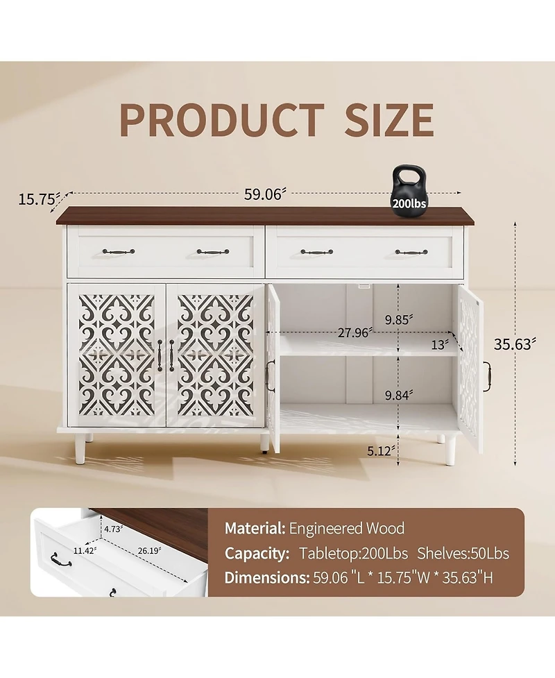 Rainsken Retro Storage Sideboard with Hand-Carved Openwork Doors, 2 Drawers and Metal Handles