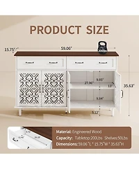 Rainsken Retro Storage Sideboard with Hand-Carved Openwork Doors, 2 Drawers and Metal Handles