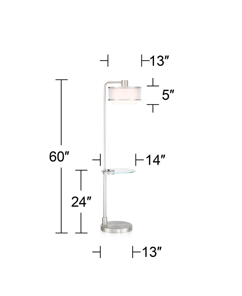 Possini Euro Design Vogue Modern Floor Lamps with Tray Tables 60" Tall Set of 2 Brushed Nickel Usb Charging Port Double Shade for Living Room Bed
