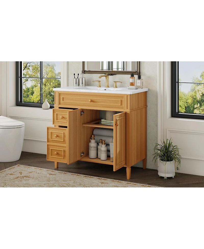 Busdays 36" Solid Wood Bathroom Vanity with Sink, 3 Drawers and 2 Soft-Close Doors, Rubber Wood Handles, Mdf Construction