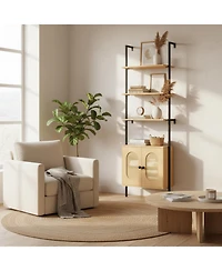 Yigii 72.5" H Ladder Bookshelf with Cabinet 3-Tier Wall Mounted Rattan Metal Frame Boho Open Storage Display Rack