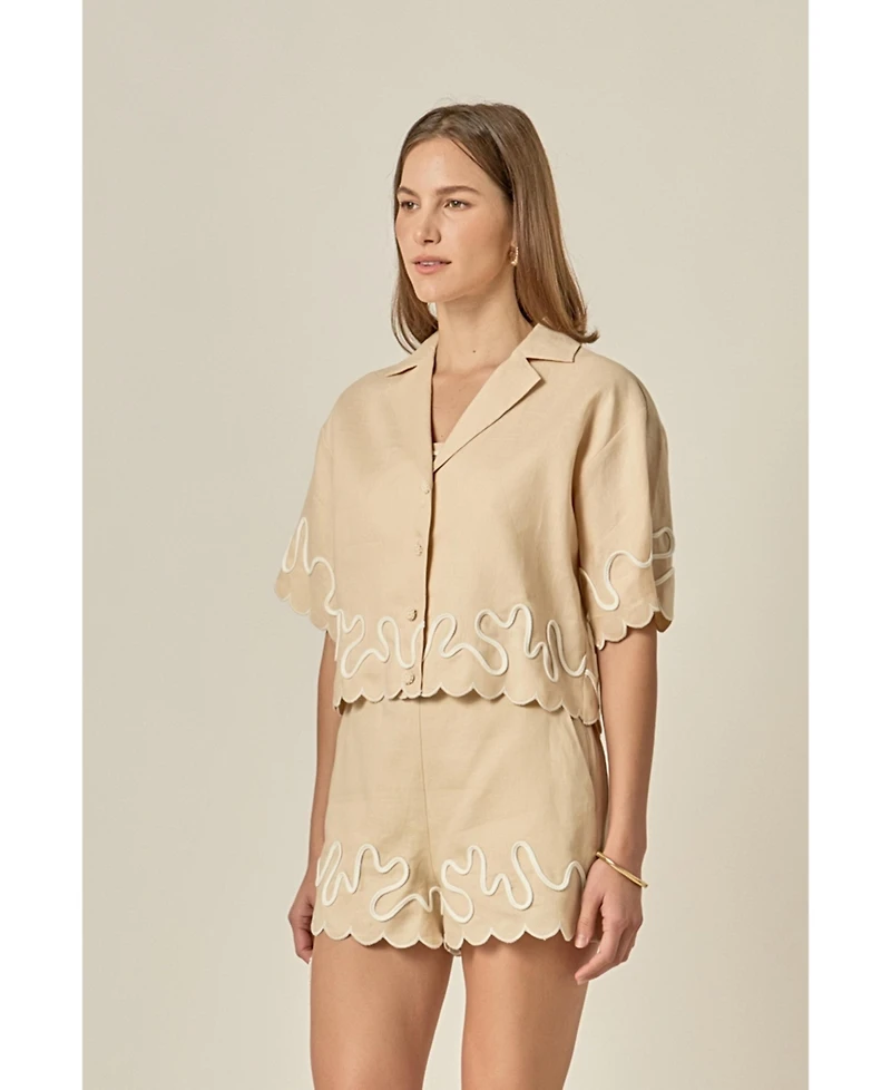 English Factory Women's Wavy Embroidered Crop Shirt