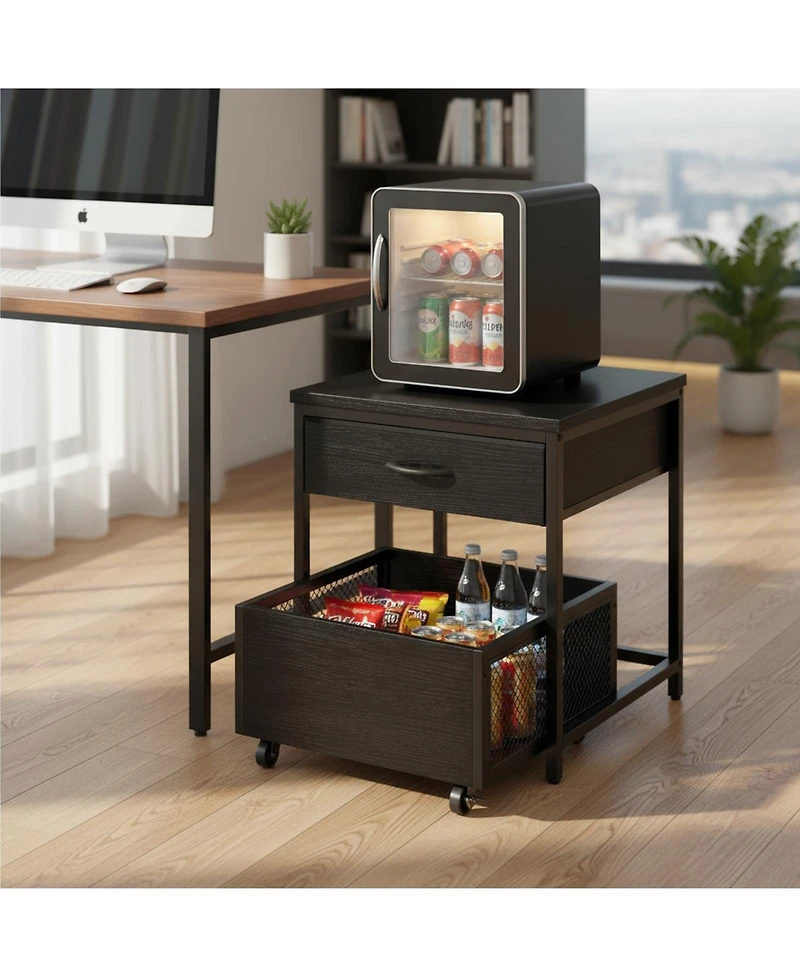 Yigii End Table Mini Fridge Stand with Storage Drawer Mobile Basket Cart for Living Room Bedroom