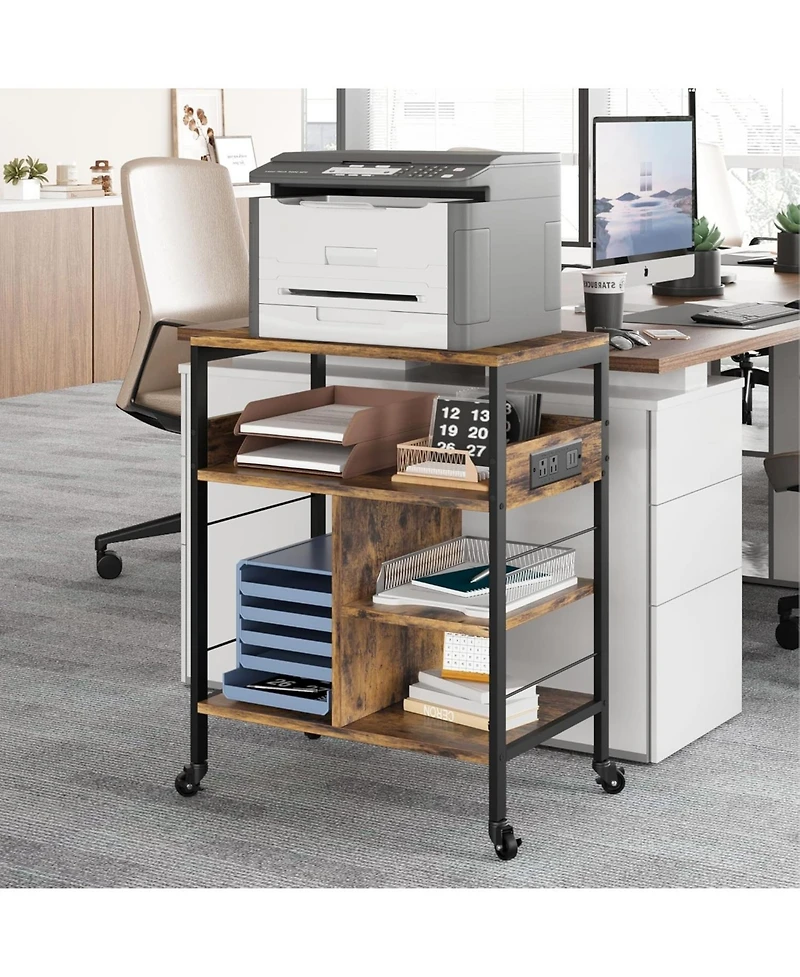 gaomon 3-Tier Mobile Printer Stand with Charging Station, Usb Ports, Storage Shelf, Under Desk Cart with Wheels for Living Room/Kitchen