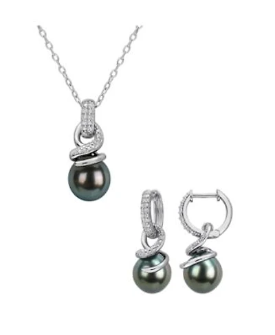Macys Cultured Tahitian Pearl Diamond Drop Earrings Necklace In Sterling Silver Collection