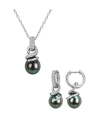Macys Cultured Tahitian Pearl Diamond Drop Earrings Necklace In Sterling Silver Collection