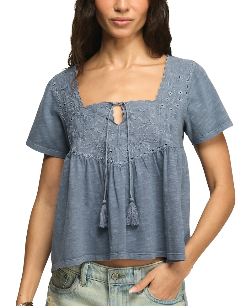 Lucky Brand Women's Short-Sleeve Embroidered Yoke Tassel Top
