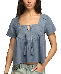 Lucky Brand Women's Short-Sleeve Embroidered Yoke Tassel Top