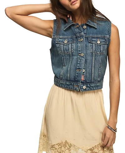 Lucky Brand Women's Medium Wash Cropped Denim Trucker Vest