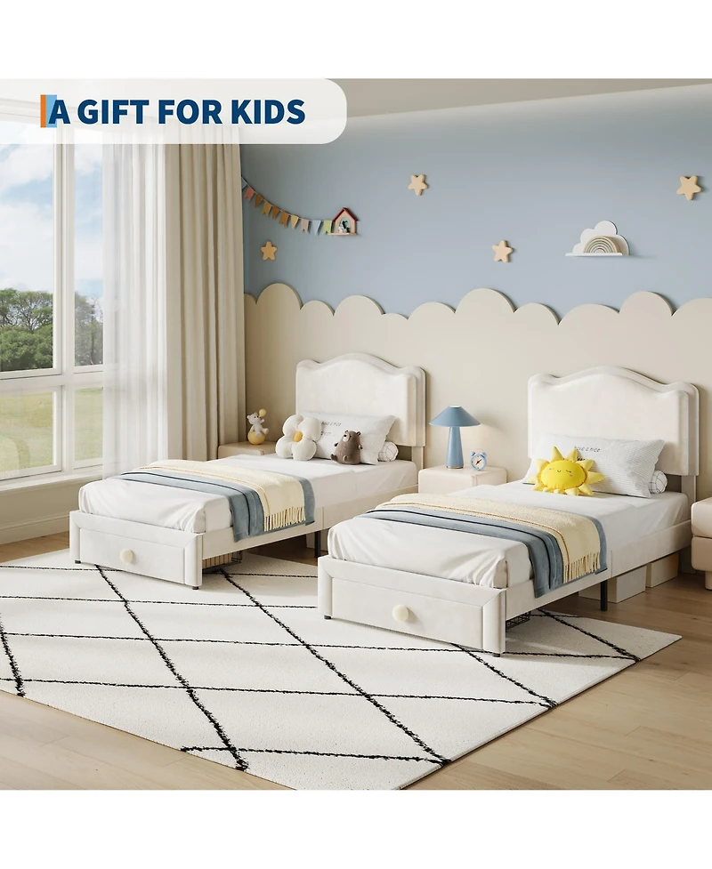 homfan Versatile Scallop Headboard Twin Bed Frame - Upholstered Platform with Storage Drawer Sturdy Wooden Slats Noise-Free Easy Assembly