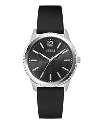 Guess Men's Silver-Tone Stainles Steel Black Silicone Analog Watch, 40mm