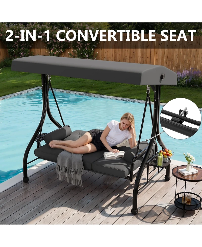 Homfan 3-seat porch swing with stand, adjustable canopy, 800 lb capacity, cup holder tray, cushions and pillows for outdoor patios.