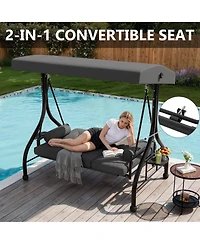 Homfan 3-seat porch swing with stand, adjustable canopy, 800 lb capacity, cup holder tray, cushions and pillows for outdoor patios.
