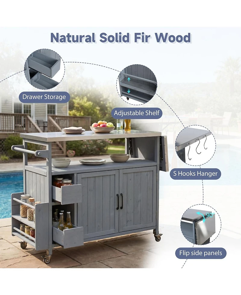 Streamdale Furniture Farmhouse Rolling Outdoor Kitchen Cart Stainless Top