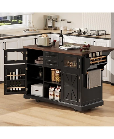 Streamdale Furniture Rolling Kitchen Island Power, Storage, Glass Door