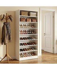 Rainsken 9 Tier Tall Shoe Cabinet, Large Wood Shoe Storage Organizer with Adjustable Shelves and Open Storage for Entryway, Hallway, Living Room