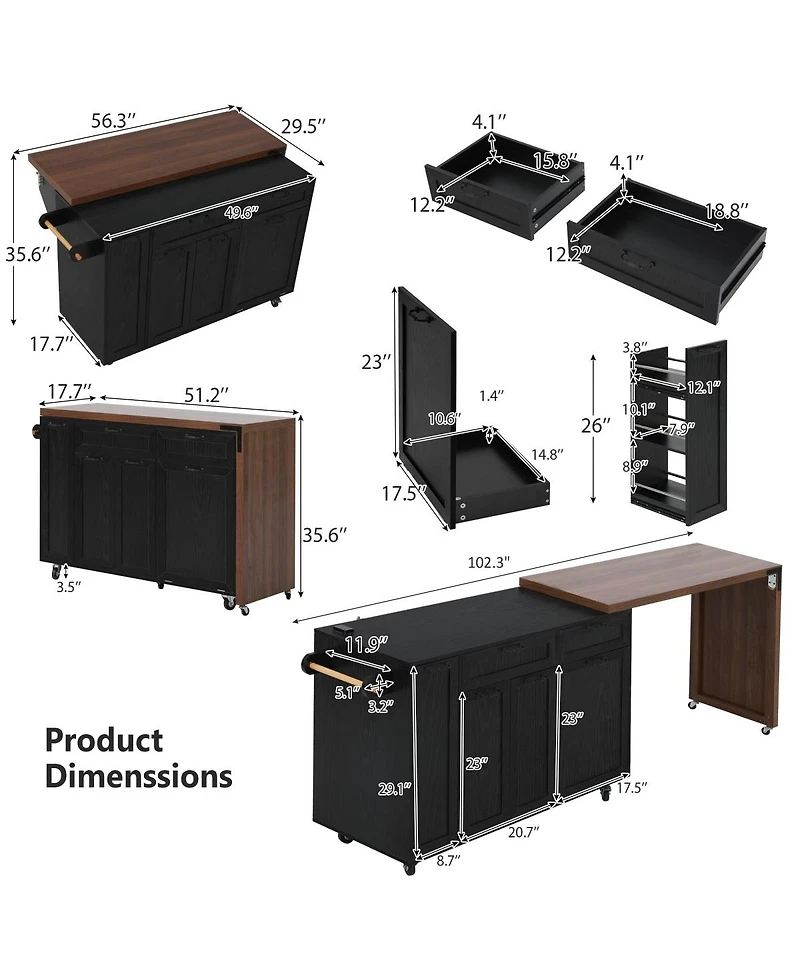 Streamdale Furniture Kitchen Island Extendable Table and Trash Storage