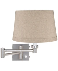 Possini Euro Design Modern Swing Arm Wall Lamp Brushed Nickel Plug-In Light Fixture Natural Linen Drum Shade for Bedroom Bedside