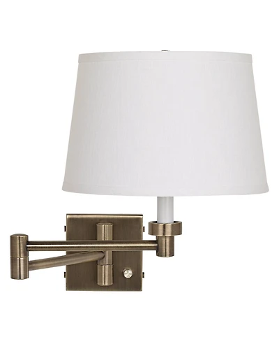 Barnes and Ivy Modern Swing Arm Wall Lamp Antique Brass Plug-In Light Fixture White Linen Drum Shade for Bedroom Bedside Reading