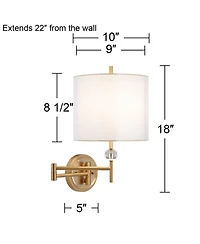 Possini Euro Design Kohle Modern Swing Arm Wall Lamps Set of 2 Polished Brass Plug-In Light Fixture White Drum Shade for Bedroom