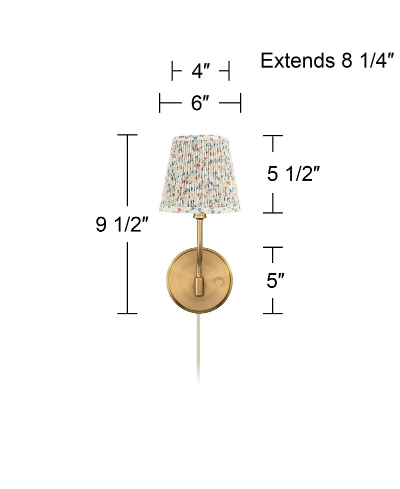 Possini Euro Design Ophelia 9 1/2"H Warm Brass Plug-In Floral Pleated Shade Wall Sconce