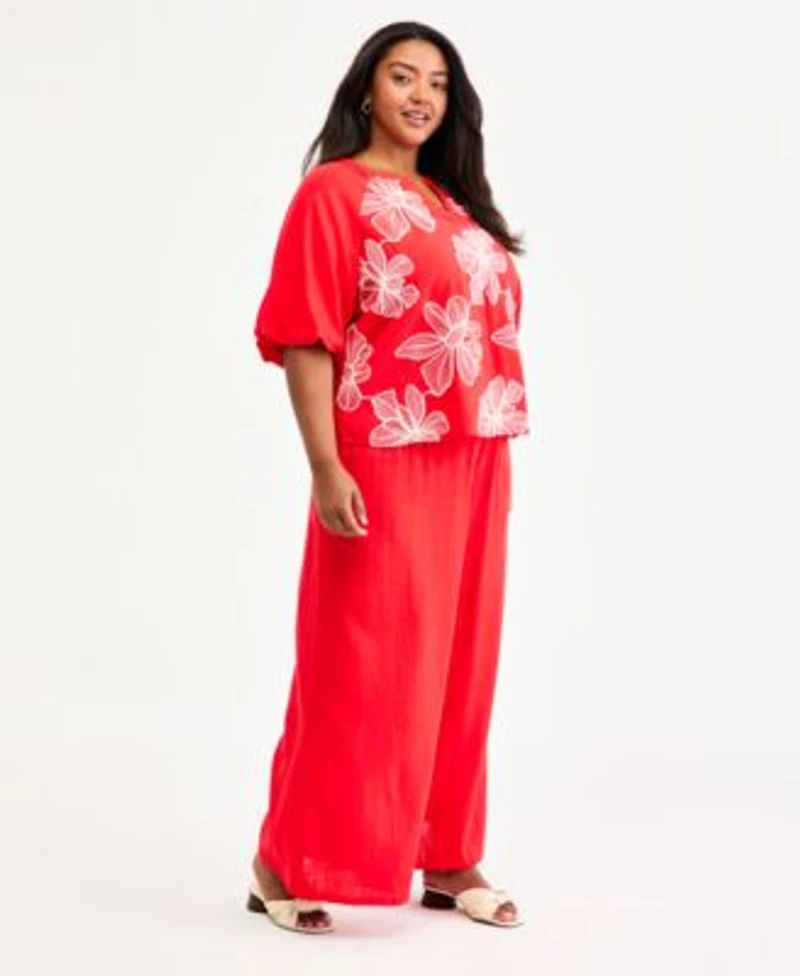 Vince Camuto Plus Size Split Neck Band Bubble Sleeve Blouse Cropped Wide Leg Pants