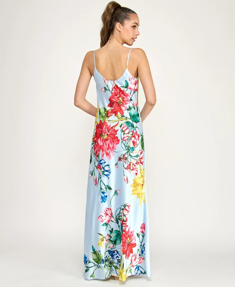 B Darlin Juniors' Cowl Neck Printed Spaghetti Straps Satin Gown