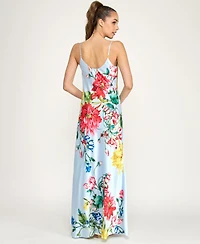 B Darlin Juniors' Cowl Neck Printed Spaghetti Straps Satin Gown