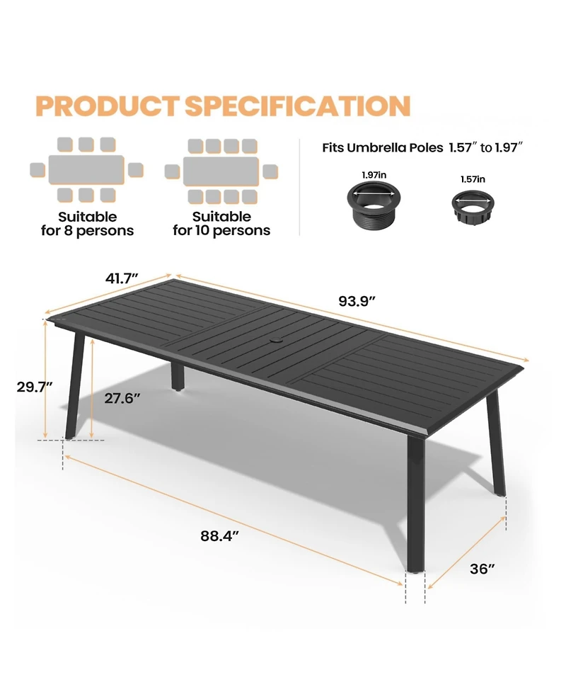 Pellebant 93.9in Outdoor Patio All-Weather Aluminum Dining Table with Umbrella Hole