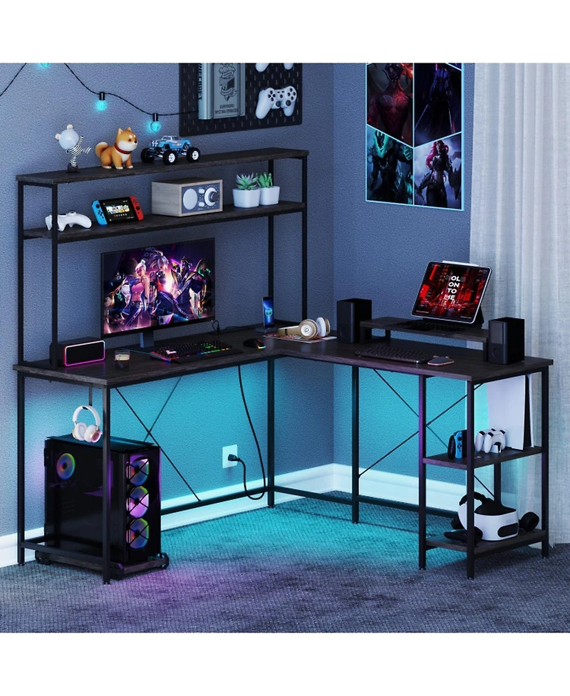 Gouun L-Shaped Reversible Gaming Desk with Led Lights, Power Outlets, Monitor Stand and Hutch