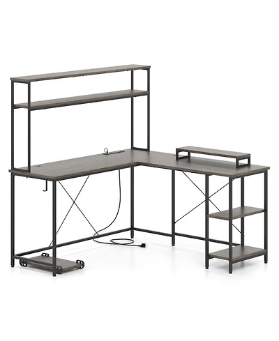 Gouun L-Shaped Reversible Gaming Desk with Led Lights, Power Outlets, Monitor Stand and Hutch