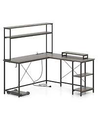 Gouun L-Shaped Reversible Gaming Desk with Led Lights, Power Outlets, Monitor Stand and Hutch