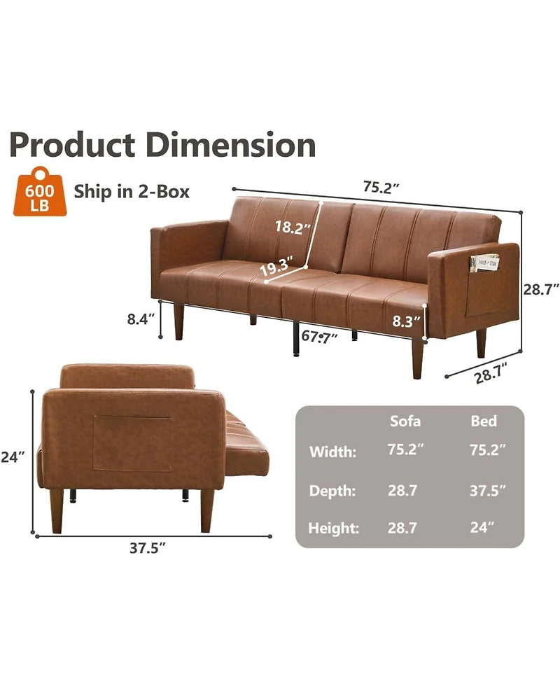 gaomon 75 in Futon Sofa Bed Mid-Century Futon Couch, Pu Leathe Convertible Sleeper Couch with Adjustable Backrest