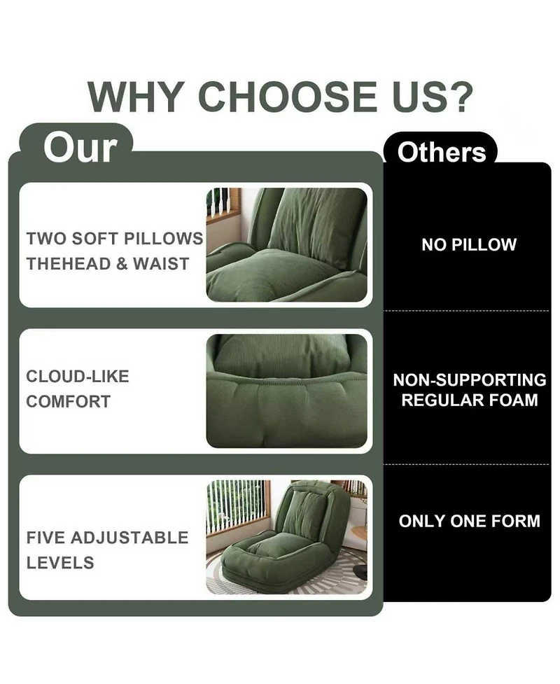 Rainsken Convertible Corduroy Lazy Sofa Bed, 5-Position Adjustable Folding Lounge Chair, Upholstered Sleeper Seat for Living Room, Reading Room