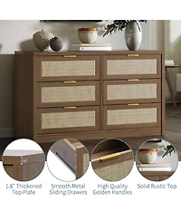 gaomon 53" Rattan Dresser - 6-Drawer Wooden Chest with Handles, Modern Storage Organizer with Smooth-Glide Drawers