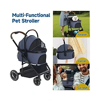 Kinder King 3-in-1 Folding Pet Stroller with Detachable Carrier for Small to Medium Dog and Cat up 50 lbs, Storage Basket, Blue