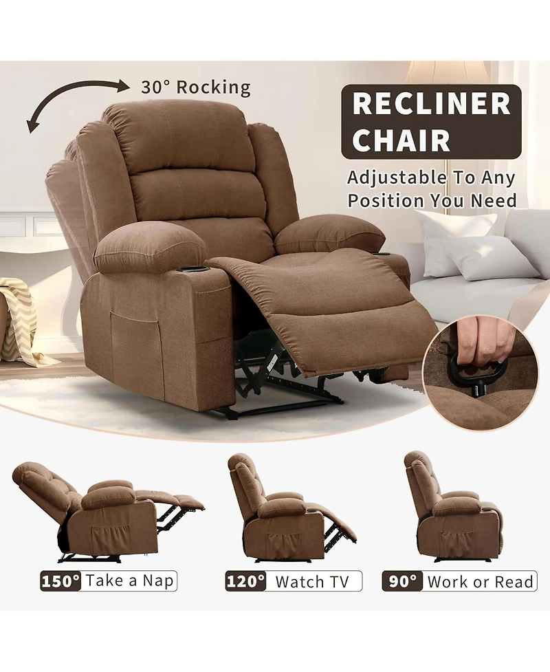gaomon Wide Rocker Recliner Chair for Adults, Manual Oversized Chairs w/Armrest, Backrest, 2 Cup Holders, Side Pocket
