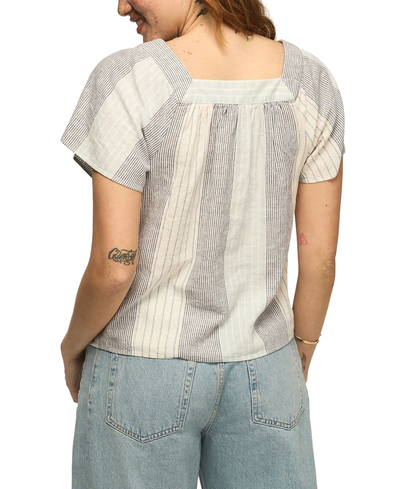 Lucky Brand Women's Striped Square Neck Embroidered Top
