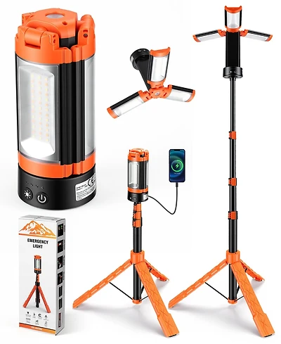 Rechargeable 10000mAh Camping Light Cordless Work Light with Detachable Stand 6.5 ft Max Height, 3 Led Lamp Heads, 2500 Lumens Emergency Flashlight