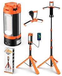 Rechargeable 10000mAh Camping Light Cordless Work Light with Detachable Stand 6.5 ft Max Height, 3 Led Lamp Heads, 2500 Lumens Emergency Flashlight
